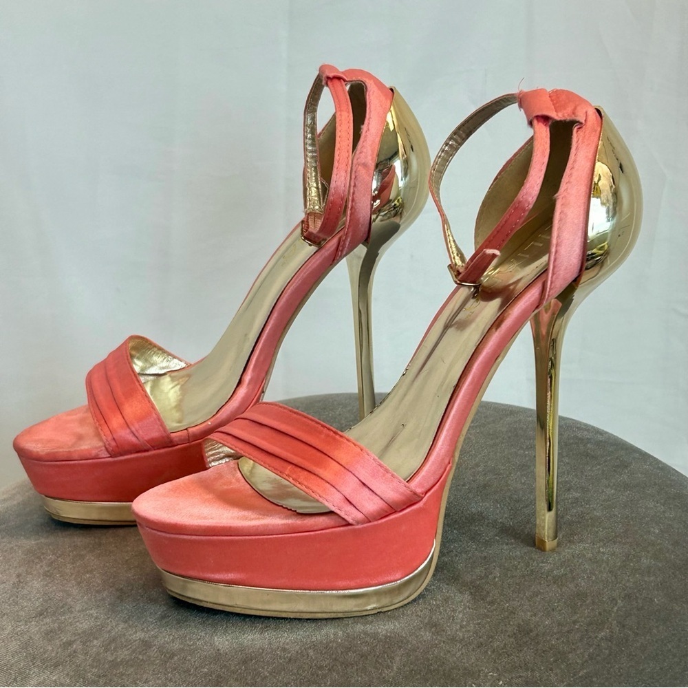 Liliana peach pink satin strappy gold tone metal high heel stiletto platforms